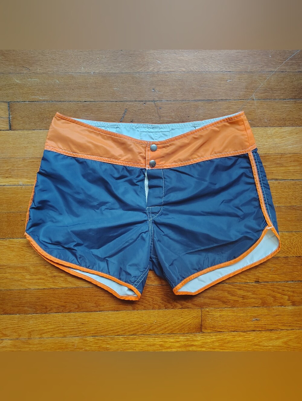 70s 80s Vintage Sz 32 Sun Britches Navy Blue Orange Men Swim Trunks Board Shorts